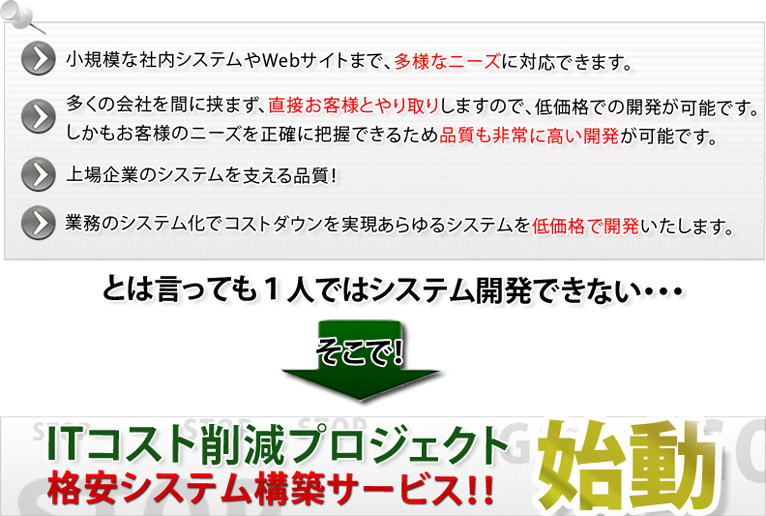 小規模な社内システムやWebサイトまで、多様なニーズに対応します。多くの会社を間に挟まず、直接お客様とやり取りしますので、低価格での開発が可能です。しかもお客様のニーズを性格に把握できるため品質も非常に高い開発が可能です。上場企業のシステムを支える品質!業務のシステム化でコストダウンを実現。あらゆるシステムを低価格で開発いたします。