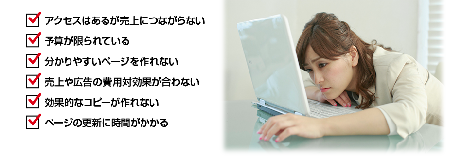 アクセスはあるが売上につながらない 予算が限られている 分かりやすいページを作れない 売上や広告の費用対効果が合わない 高カテキンコピーが作れない ページの更新に時間がかかる