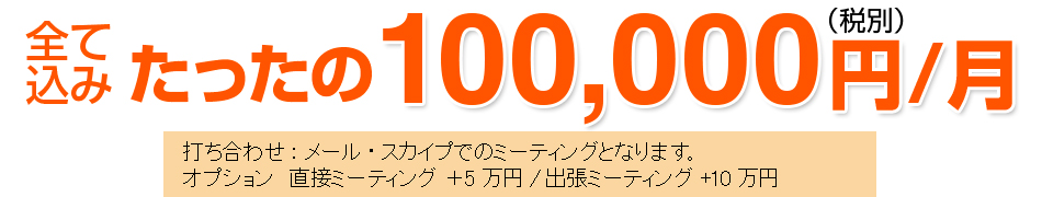 全て込みたったの100,000円(税別)/月 打ち合わせ:メール・スカイプでのミーティングとなります。オプション 直接ミーティング +5万円/出張ミーティング +10万円